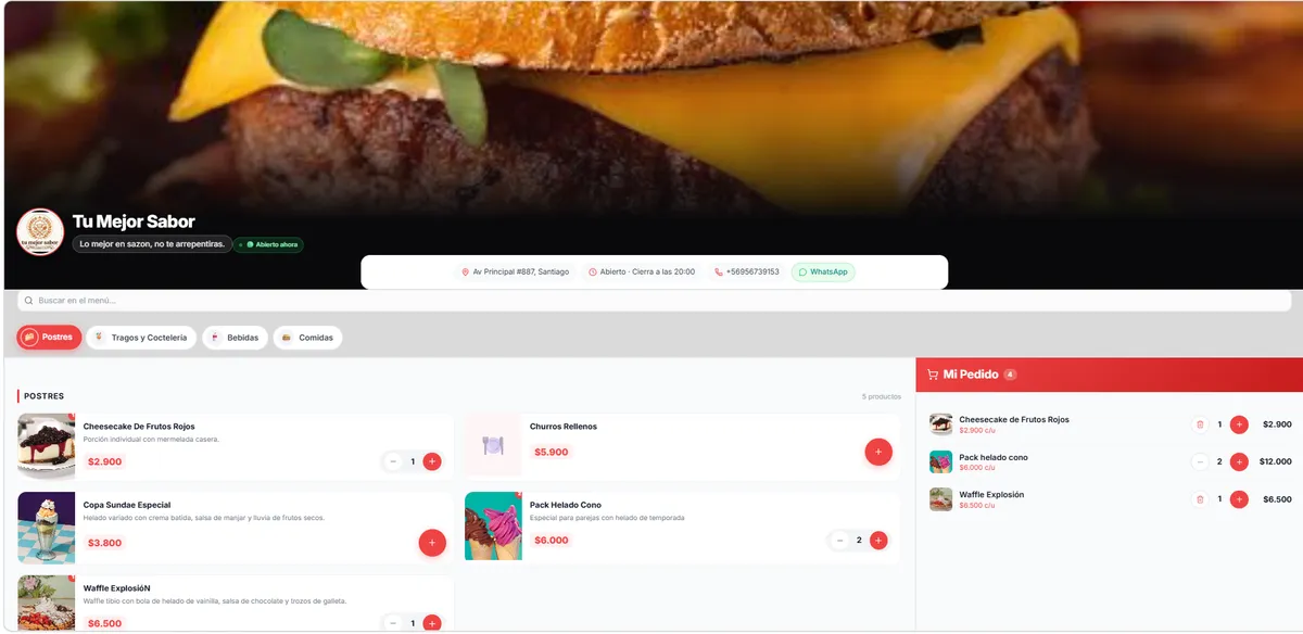 Tienda online de un restaurante creada con el POS BullWeb, con carrito de pedido